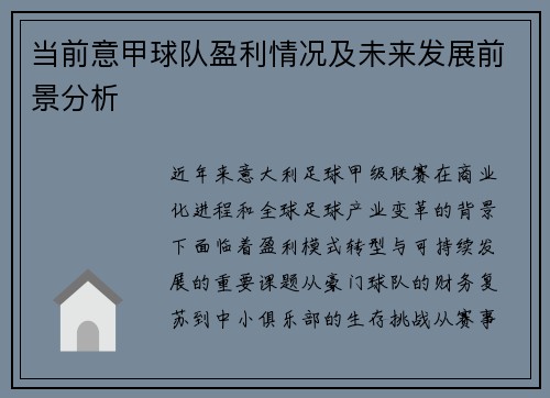 当前意甲球队盈利情况及未来发展前景分析
